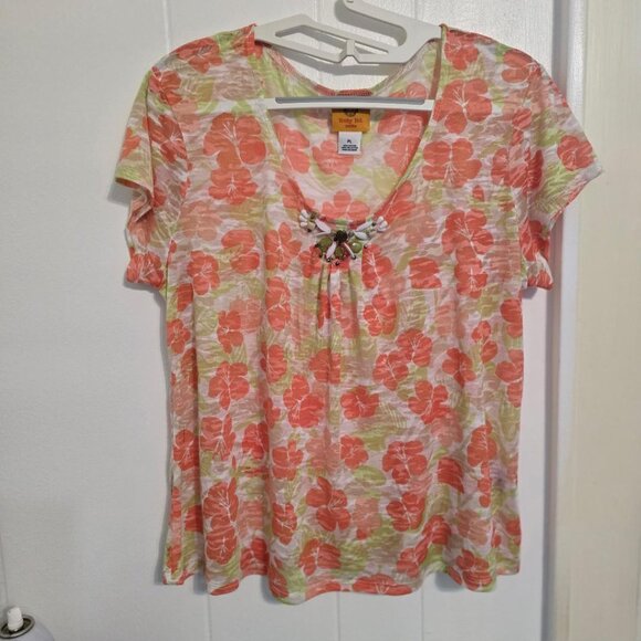PL Ruby Rd Top with Bead Detail in orange and green flowers on white 60% Cotton - Picture 1 of 7